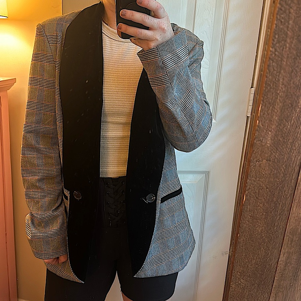 Plaid Black Velvet Collar Oversized Blazer
